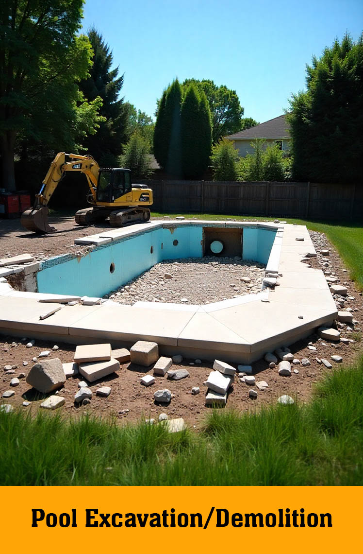 Old in-ground pool being demolished with an excavator, labelled Pool Excavation/Demolition