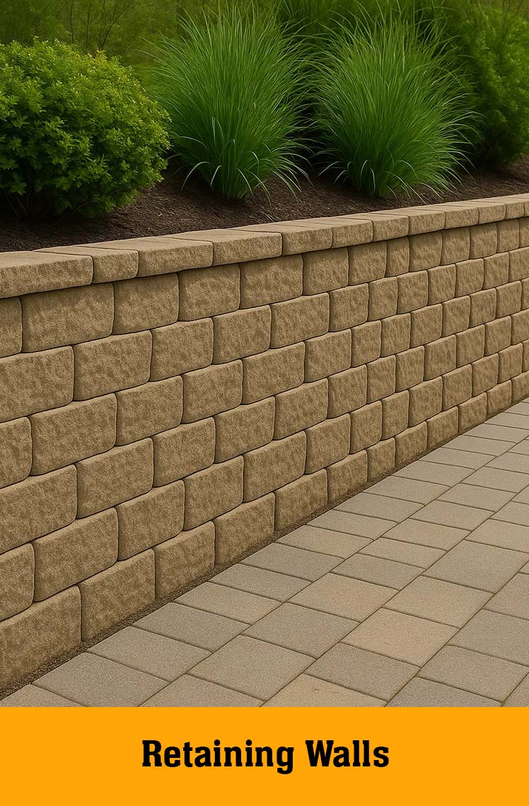 Block retaining wall beside a paved path, labelled Retaining Walls