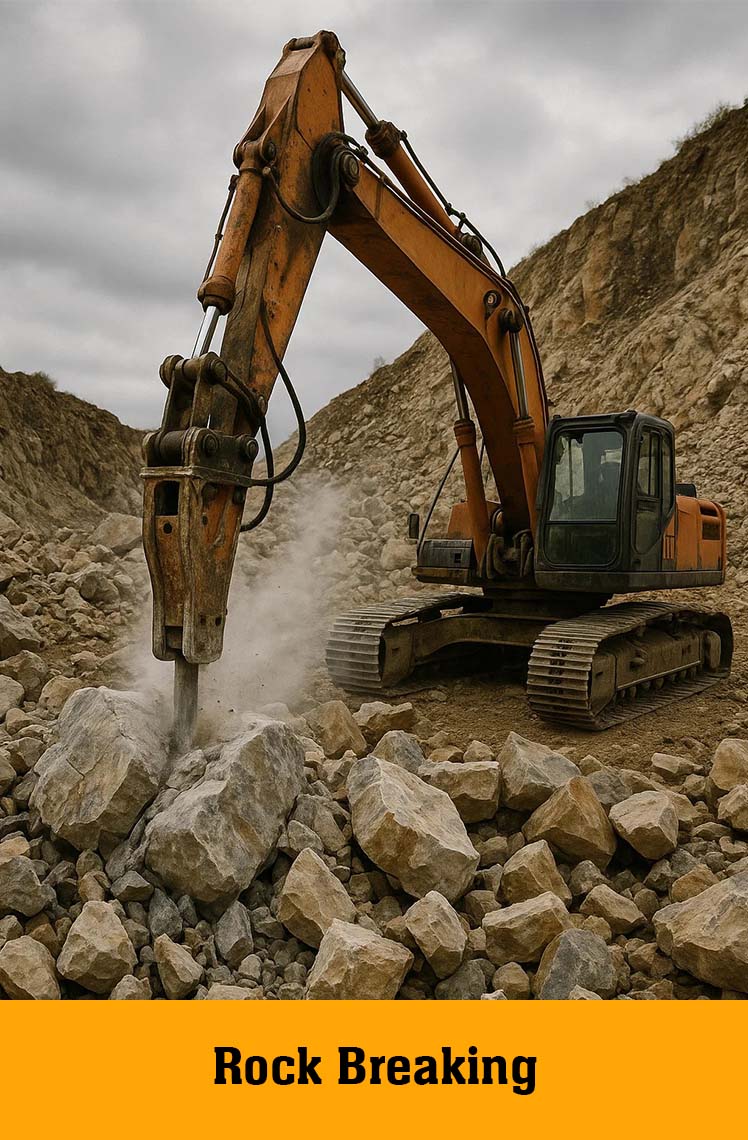 Excavator with a rock breaker splitting boulders, labelled Rock Breaking